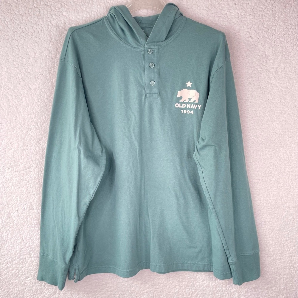 Old Navy Mens Henley Hoodie Teal Green California Bear Graphic Long Sleeve Large
